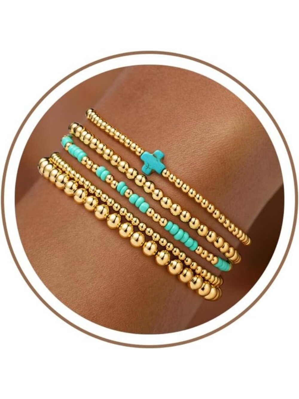 5PCS Gold Beaded Stretch Bracelets Set for Women & Teens | Waterproof, Turquoise